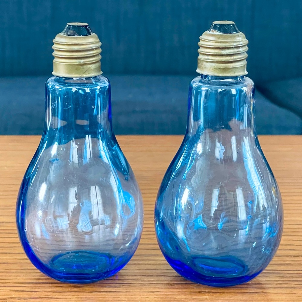 Vintage 1969 Vandor Japan Blue Blown Glass Light Bulb Jars Set of two